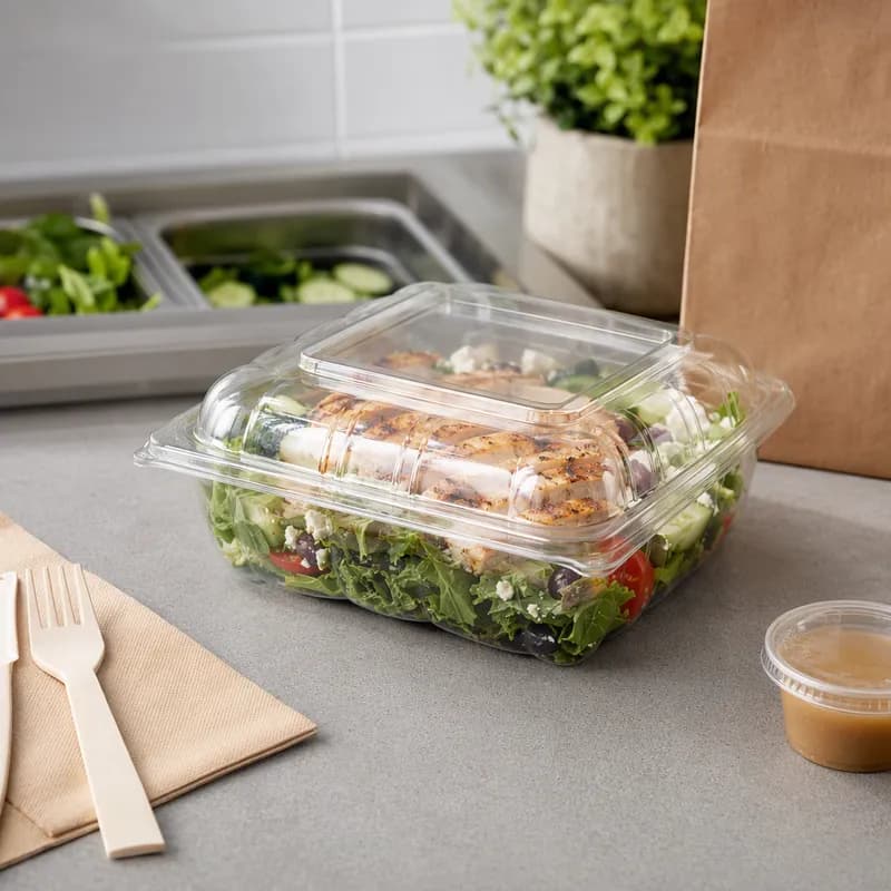 Take-Out Container Hinged Medium (MED) 9.3X9.3X3.59 IN PET Clear Square 170/Case