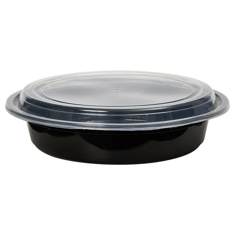 Victoria Bay Take-Out Container Base & Lid Combo 48 OZ PP Black Clear Round Shallow Microwave Safe 150/Case