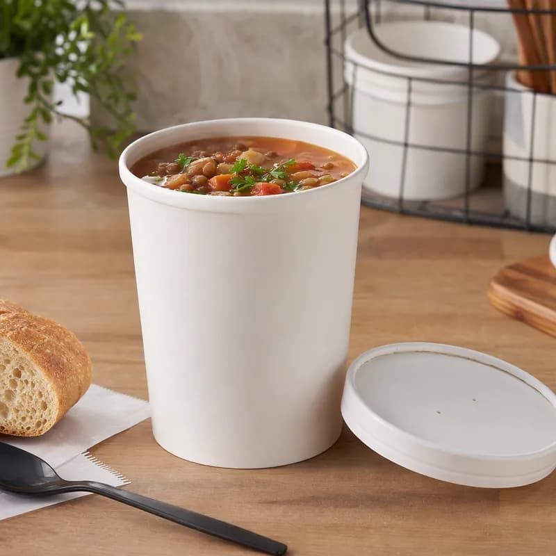 Soup Food Container Base & Lid Combo With Paper Lid 32 OZ SBS Paperboard White Leak Resistant 250/Case