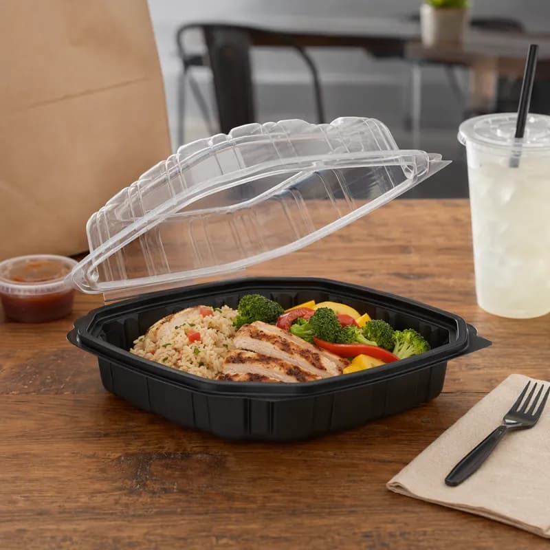 Culinary Classics® Take-Out Container Hinged 9X9X3 IN PP Black Clear Square Tear-Away Vented 120/Case