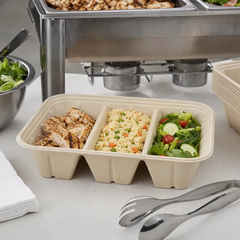 Catering Pan 1/2 Size 104 OZ 12.8X10.4X2.9 IN 3 Compartment Plant Fiber Bamboo Natural Adjustable 200/Case