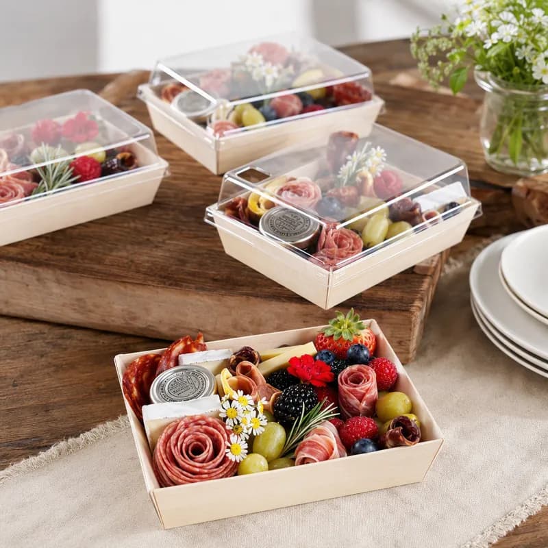 Serving Tray Base & Lid Combo With Dome Lid 6X8X2 IN Balsa Wood RPET Natural Clear Rectangle 100/Case