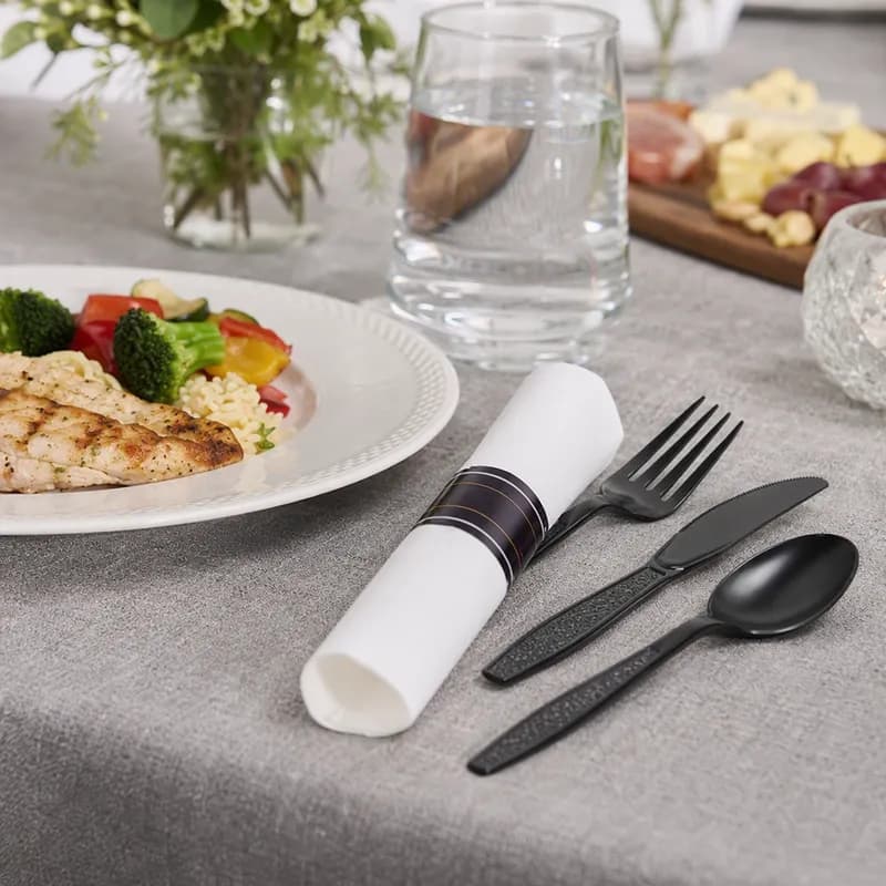 WNA Reflections® 4PC Cutlery Kit PS Black With 17 x 17 Napkin,Fork,Knife,Spoon 100/Case