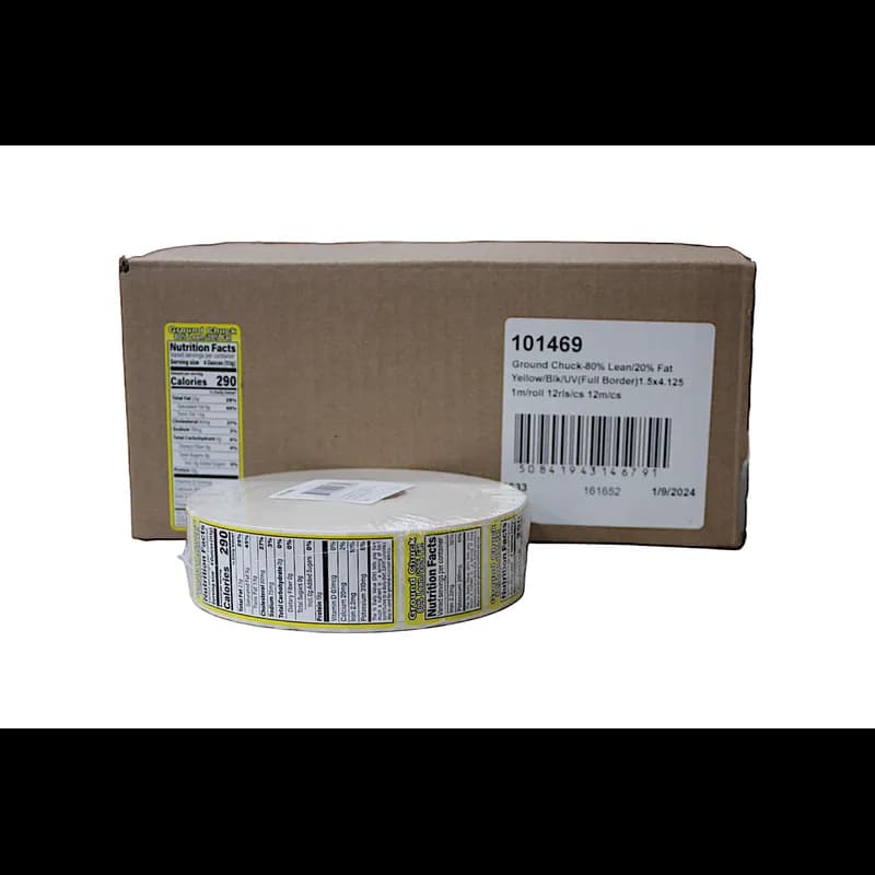 Ground Chuck 80% Lean/20% Fat Nutritional Label 1.5X4.125 IN Yellow Black UV Full Border 1000 Count/Roll 12 Rolls/Case