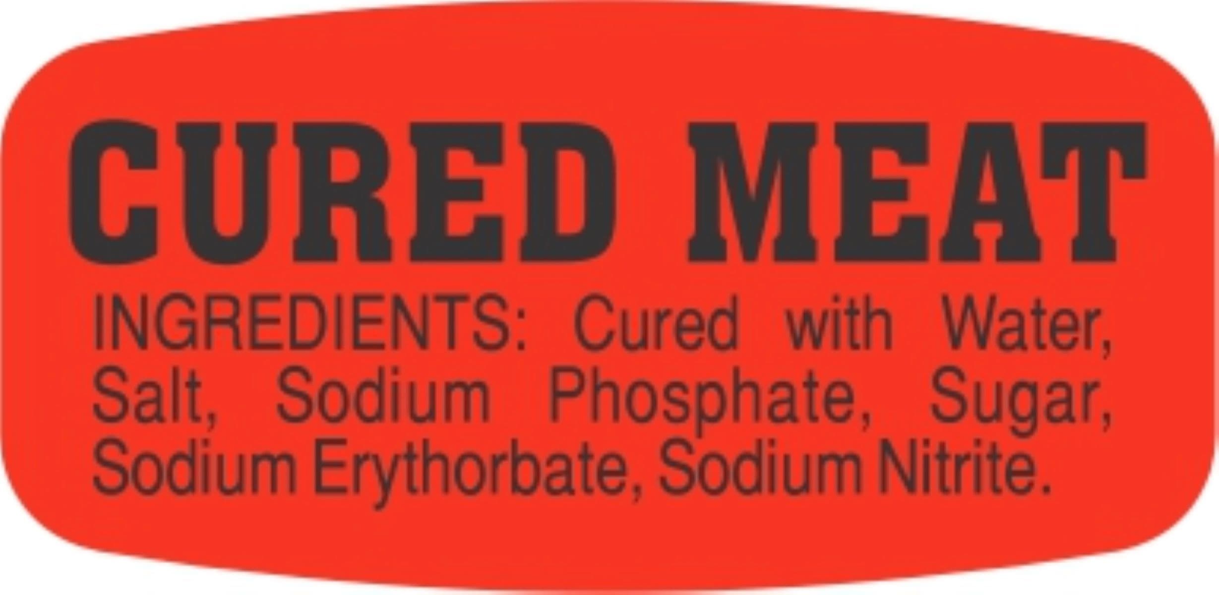 Cured Meat With Ingredients Meat Ingredient Label.625X1.25 IN Black Red Short Oval 1000 Count/Roll 50 Rolls/Case