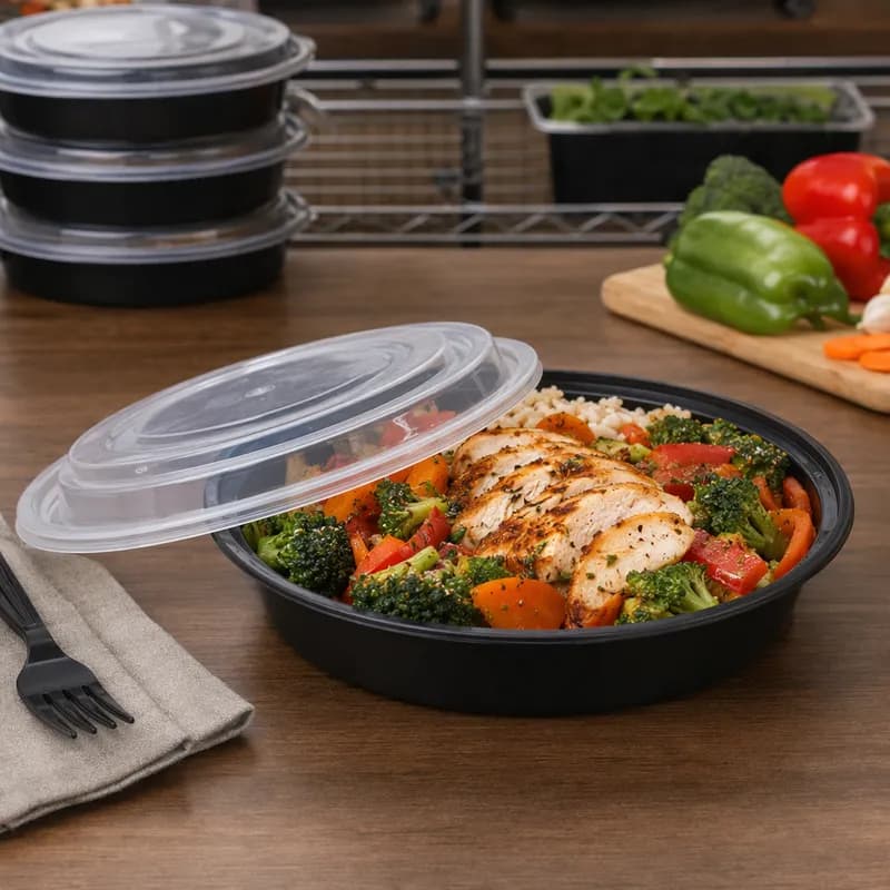 Take-Out Container Base 48 OZ Plastic Black Round Microwave Safe 150/Case