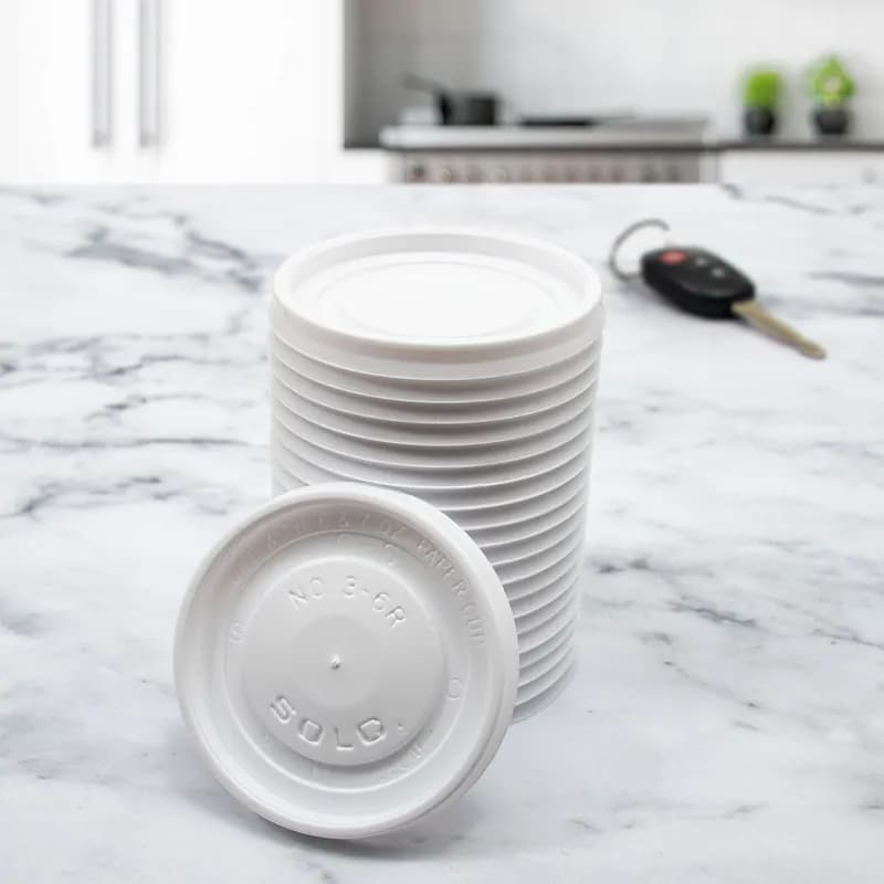 Solo® Lid Flat 2.999X0.311 IN PS White For 6 OZ Hot Cup No Hole Vented 100 Count/Pack 10 Packs/Case 1000 Count/Case