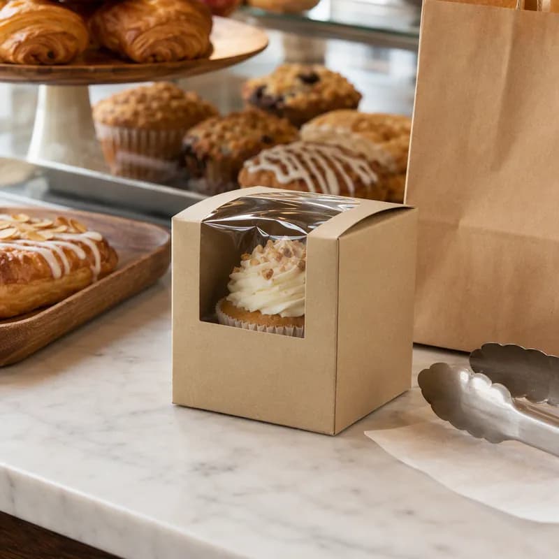 VIEWit Bakery Box 4X4X4 IN Kraft Waterfall Automatic Bottom With Window 175/Case