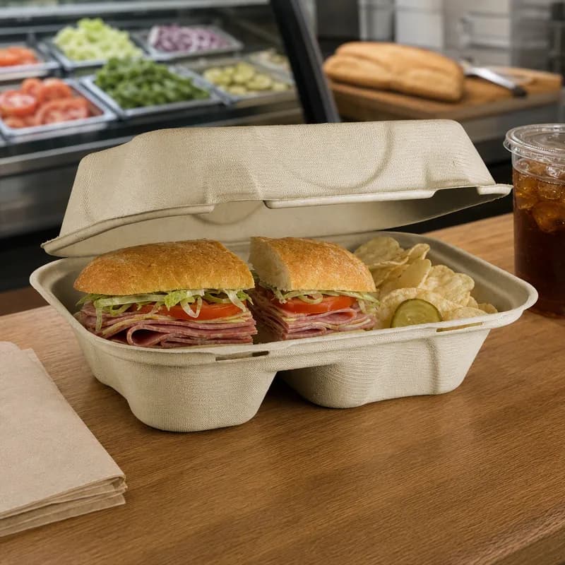 Take-Out Container Hinged 9X6X3 IN 2 Compartment Plant Fiber Bamboo Natural Rectangle Freezer Safe Soak-Proof 500/Case