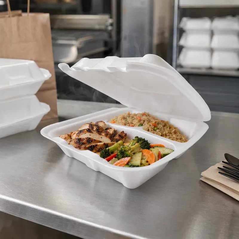 Regal Take-Out Container Hinged 9X9X4 IN 3 Compartment Polystyrene Foam White Vented Grease Resistant 200/Case