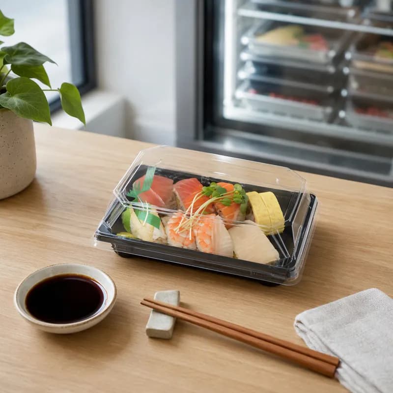 Sushi Take-Out Tray Base & Lid Combo 7X5 IN PLA Clear Black 300/Case