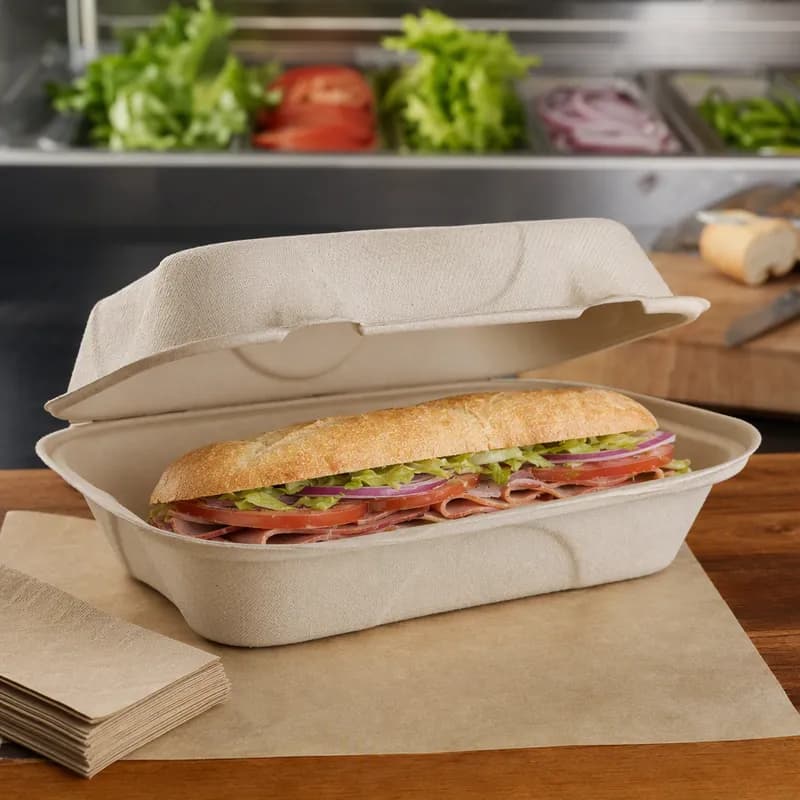 Hoagie & Sub Take-Out Container Hinged With Dome Lid 9.2X6.4X3.1 IN Pulp Fiber Kraft Rectangle 500/Case