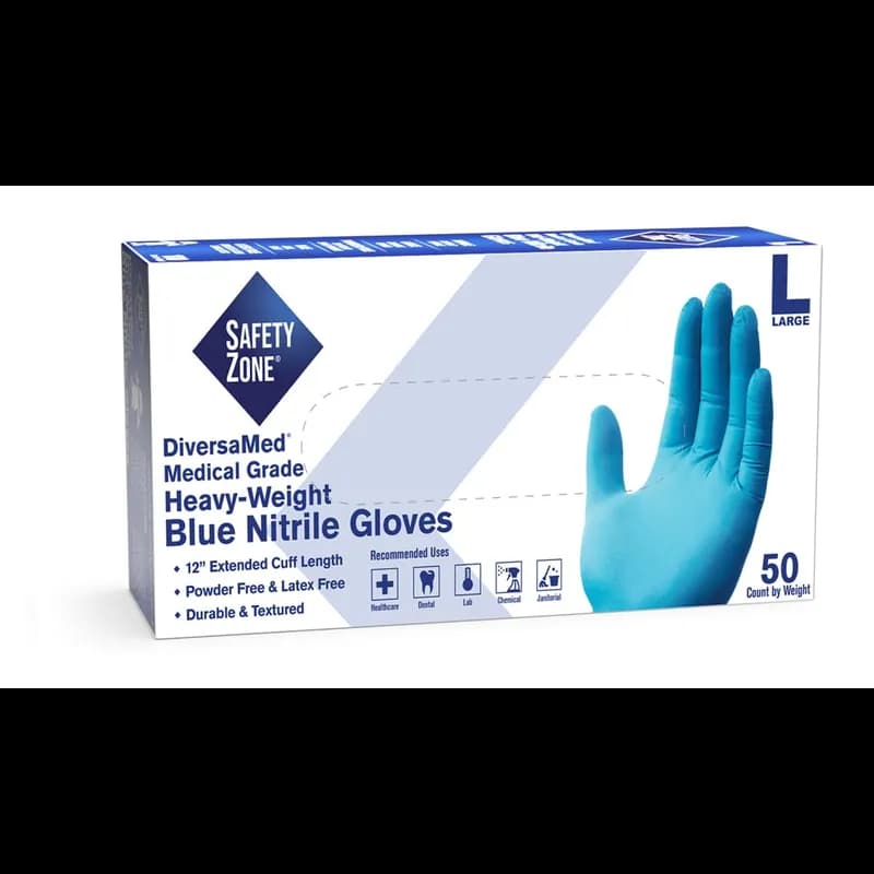 Safety Zone® Exam Gloves Medium (MED) 12 IN Blue 8MIL Hvy Nitrile Powder-Free Fentanyl Resistant 50 Ct/Box 10 Box/Case