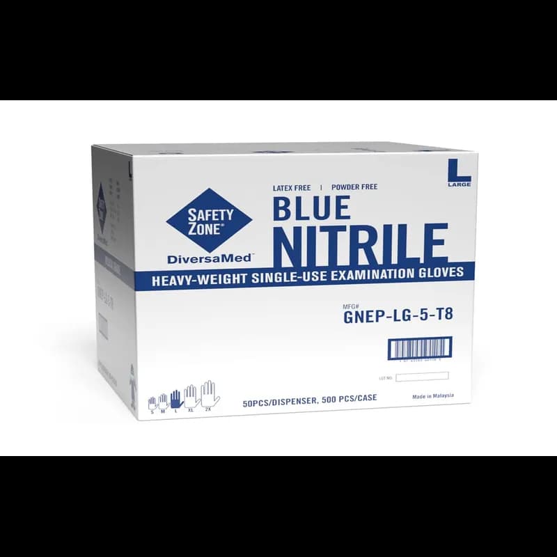 Safety Zone® Exam Gloves Large (LG) 12 IN Blue 8MIL Hvy Nitrile Powder-Free Fentanyl Resistant 50 Count/Box 10 Box/Case