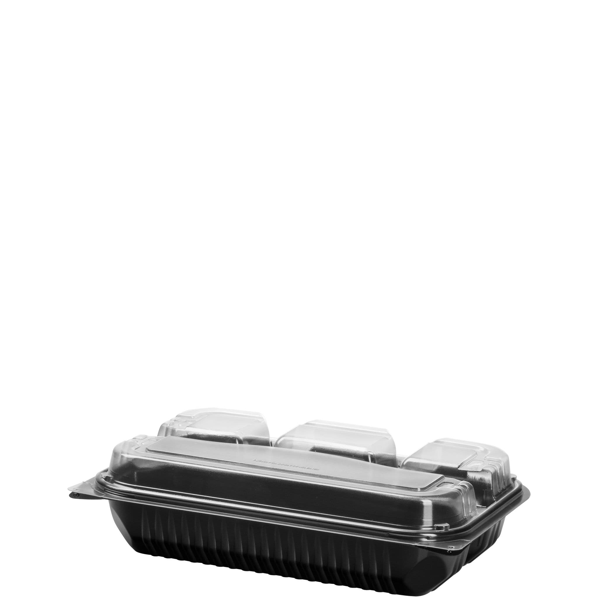 Solo® Creative Carryouts® BoxLine™ Take-Out Container Hinged 11.5X8.05X2.95 IN 4 Compartment PS Black 100/Case