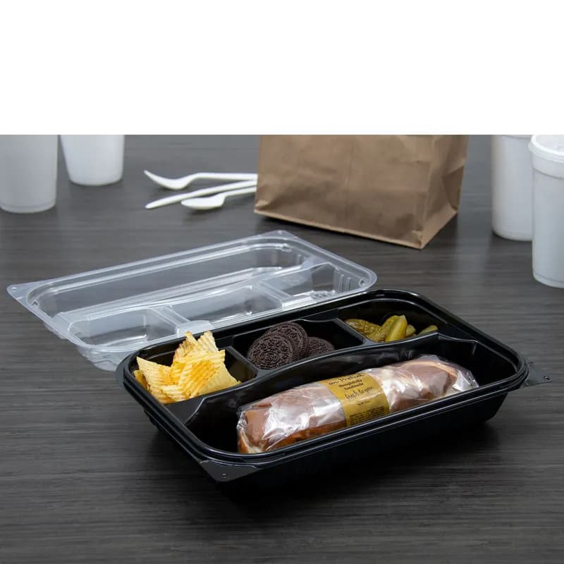 Solo® Creative Carryouts® BoxLine™ Take-Out Container Hinged 11.5X8.05X2.95 IN 4 Compartment PS Black 100/Case