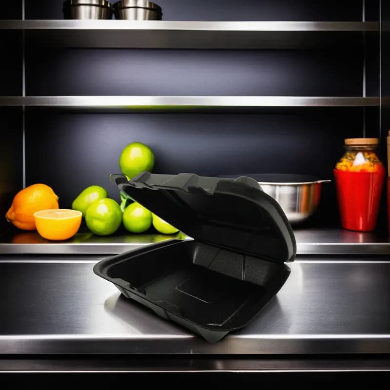 Regal Take-Out Container Hinged 9.25X9.25X3.75 IN Polystyrene Foam Black Square Vented Grease Resistant 200/Case