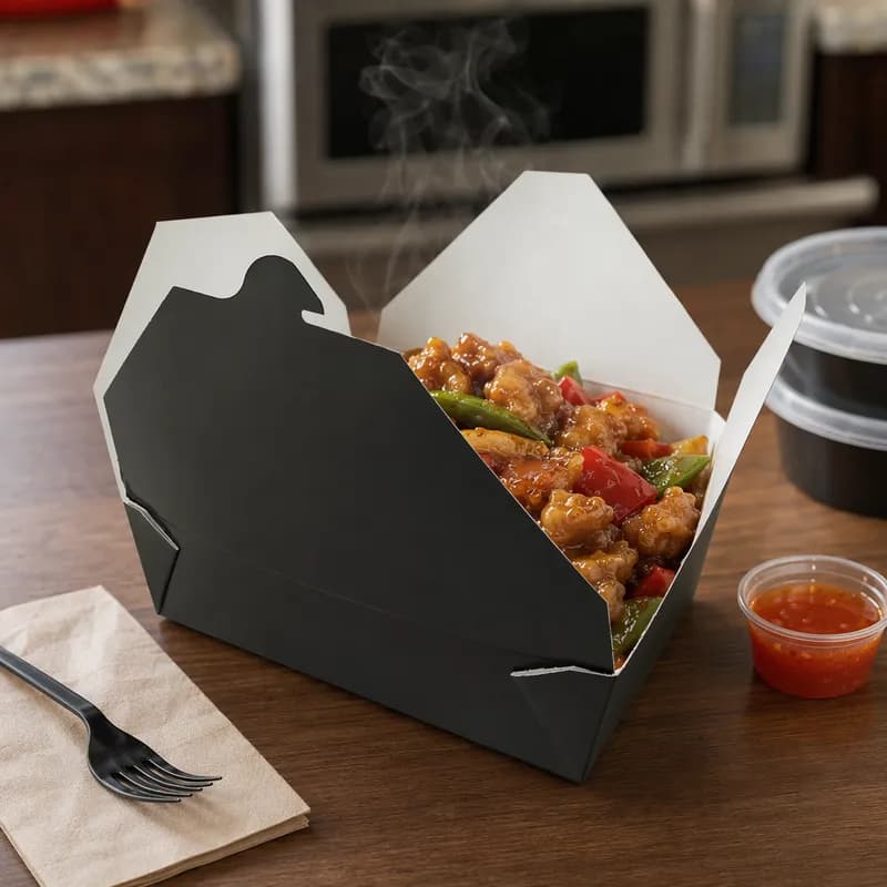 Bio-Pak® Take-Out Box Fold-Top 9.25X9.25 IN Paper Black Rectangle 1-Piece Cut Resistant Leak Resistant 140/Case
