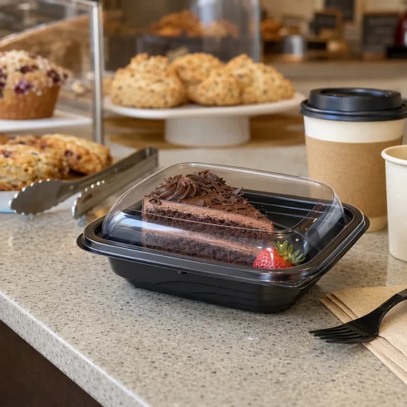 Cold Take-Out Container Base & Lid Combo With Dome Lid 12 OZ PET Black Clear Anti-Fog 201/Case