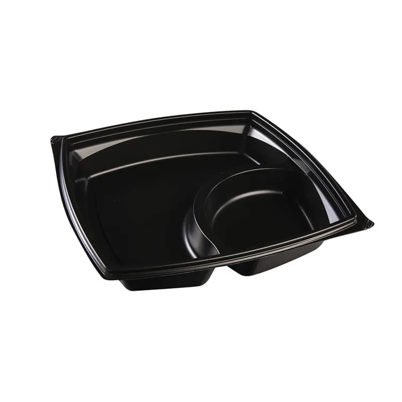 The BOTTLEBOX ® Take-Out Container Base 9X9X1.6 IN PP Black Square With Soup Compartment 400/Case