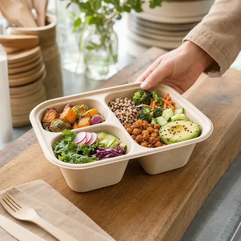 Take-Out Container Base 9.8X7.6X3 IN 3 Compartment Pulp Fiber Kraft Rectangle 300/Case