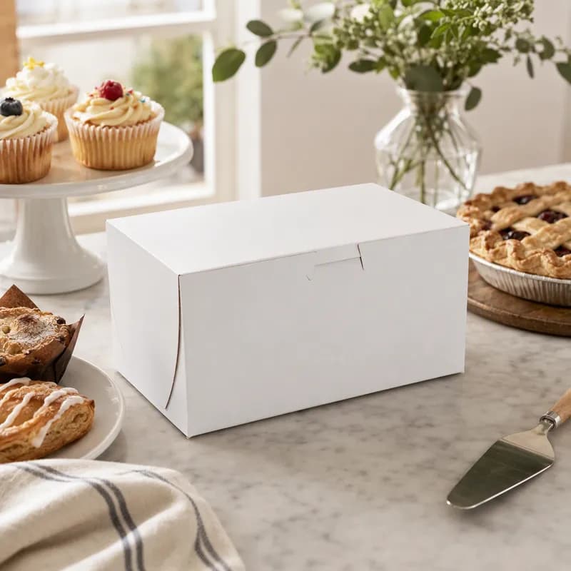 Bakery Box 8X5.5X4 IN Clay-Coated Kraft Board White Kraft Rectangle Lock Corner Tuck Top 250/Case