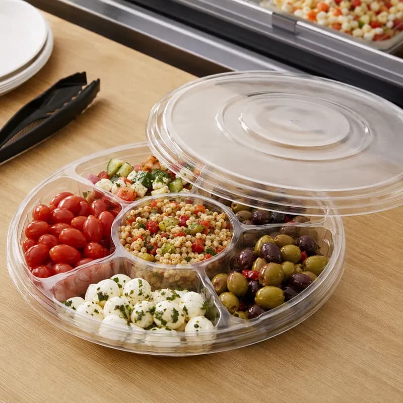 Deli Container Base & Lid Combo With Flat Lid 13.25 IN 5 Compartment PET Clear Round 50/Case