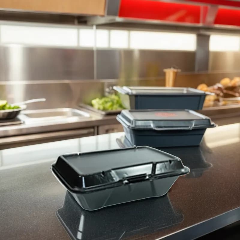Take-Out Container Hinged 9X6X3 IN Polystyrene Foam Black Vented 200/Case