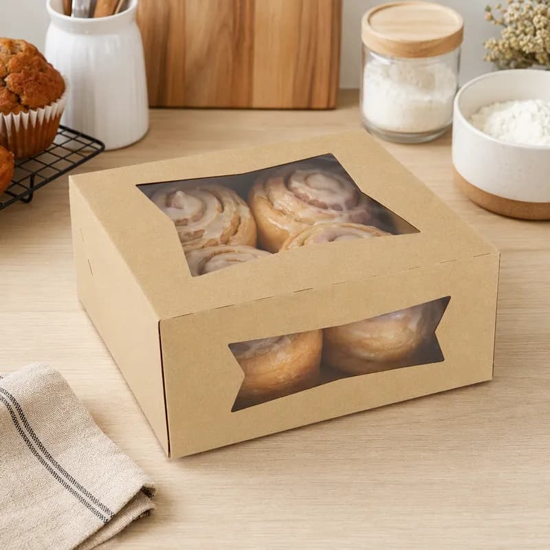 Bakery Box 9X9X4 IN Kraft Paperboard Kraft Square 4 Corner Beers With Window 150/Case