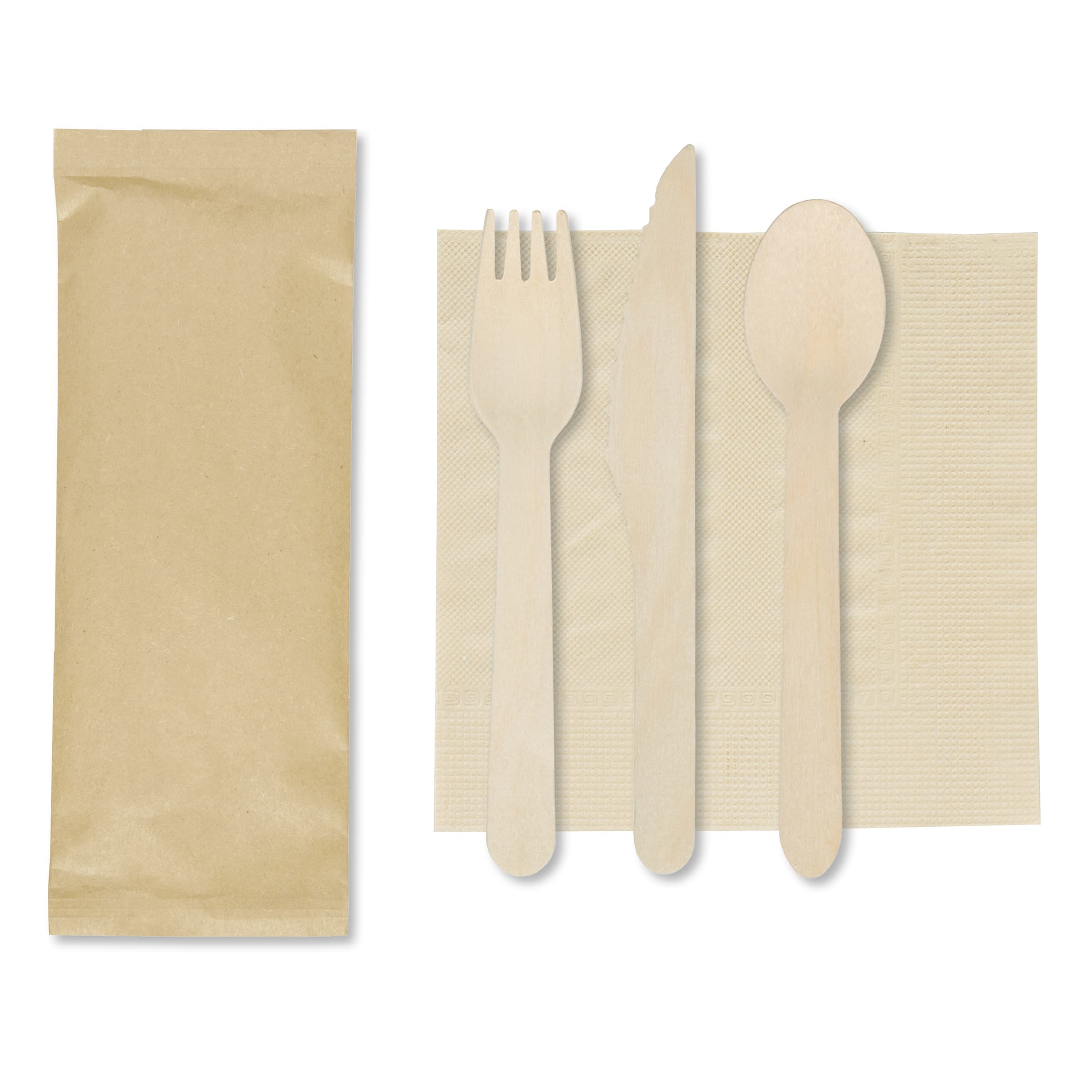 Cutlery Kit 6X6 IN Wood Kraft With Kraft Napkin,Fork,Knife,Spoon 500/Case