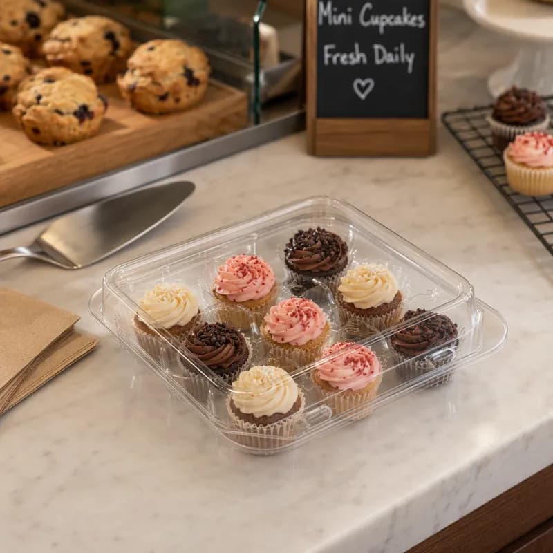 Polar Pak® Mini Cupcake Hinged Container 7.5X7.3125X1.625 IN 9 Compartment PET Clear 300/Case