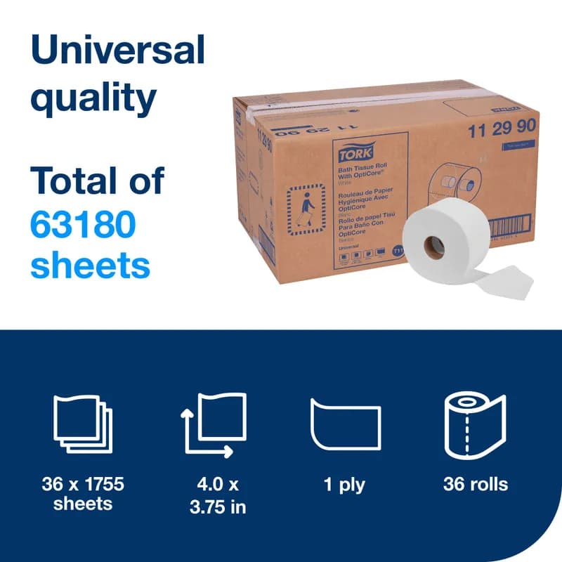 Tork OptiCore® Toilet Paper & Tissue Roll T11 4X3.75 IN 585 FT White Embossed Refill 1755 Sheets/Roll 36 Rolls/Case