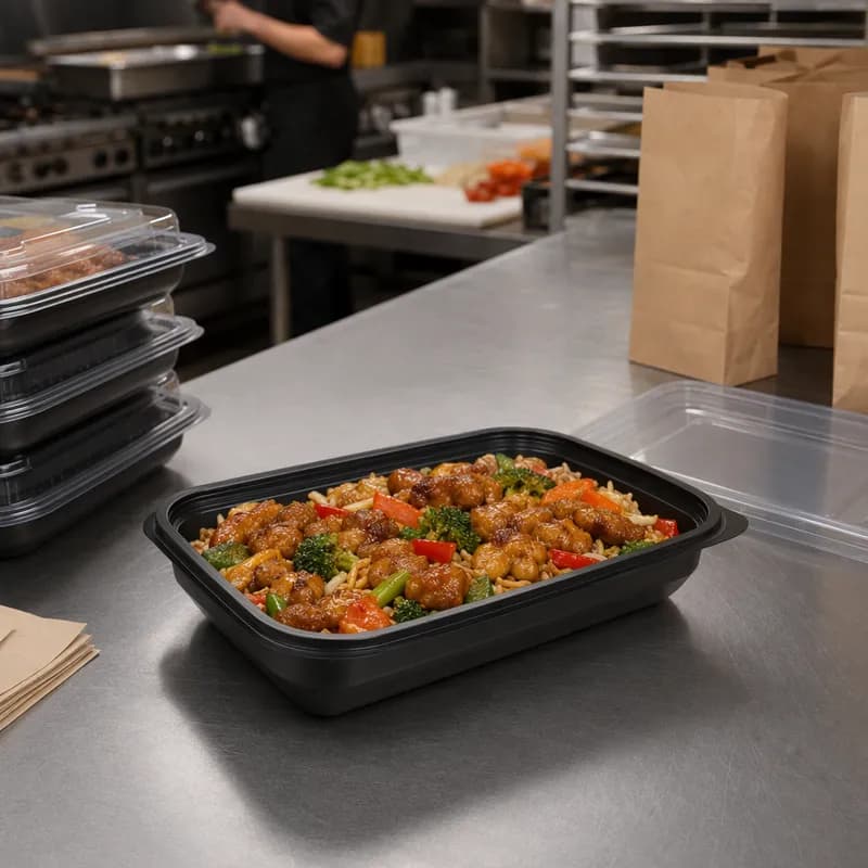 Thermosource Tooling Take-Out Container 64 OZ 10X7X2.5 IN PP Black Microwave Safe 400/Case