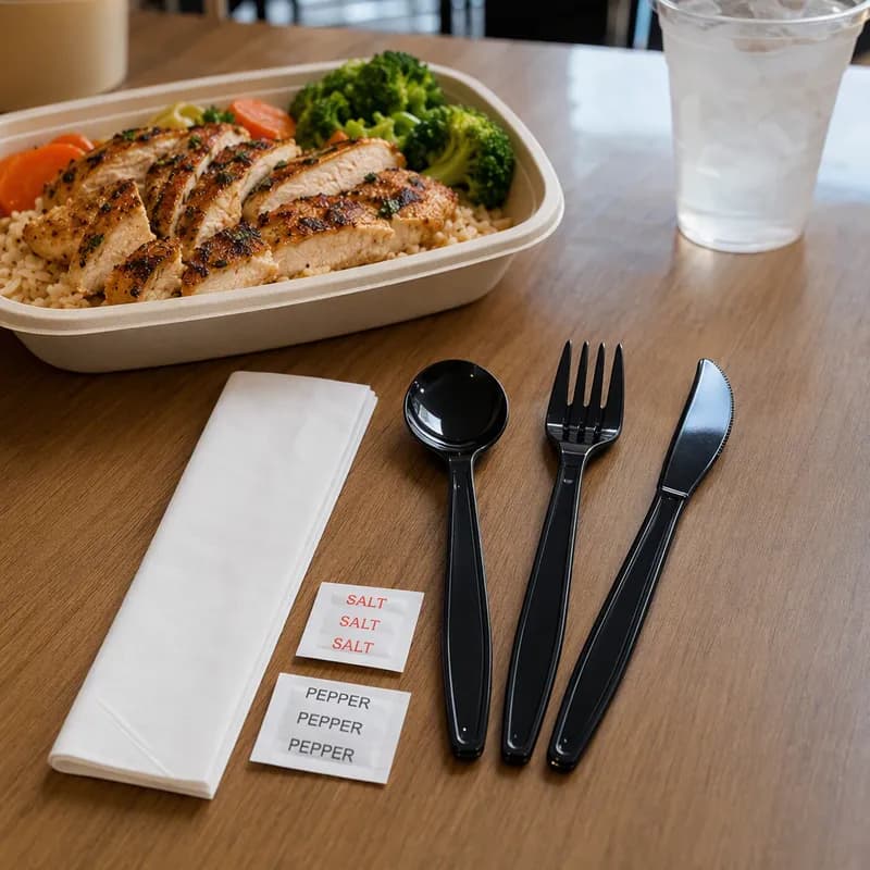 6PC Cutlery Kit PP Black With 13X13 Napkin,Fork,Knife,Spoon,Salt & Pepper 250/Case