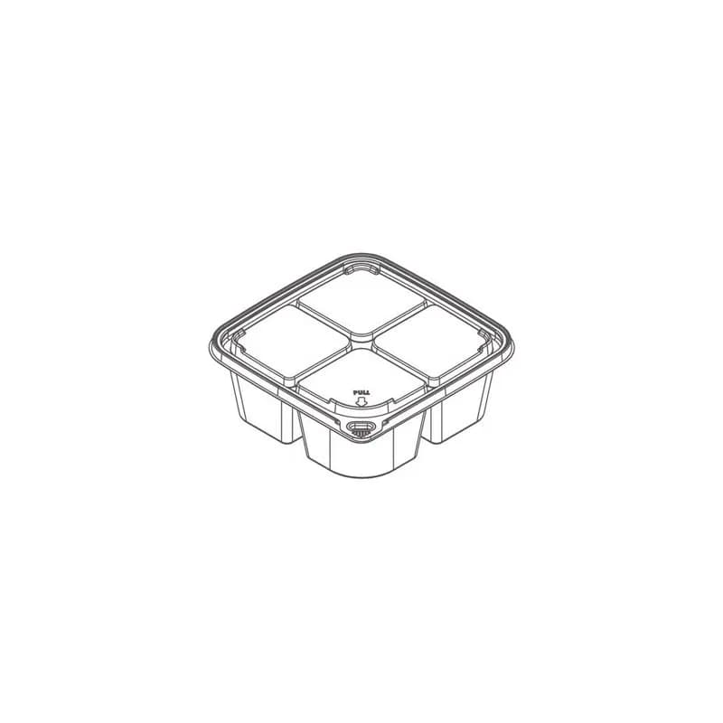 Deli Container Base & Lid Combo 6X6 IN 4 Compartment PET Clear Square Tamper-Evident 300/Case