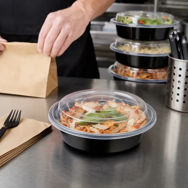 Take-Out Container Base & Lid Combo With Dome Lid 32 OZ Black Clear Round 150/Case