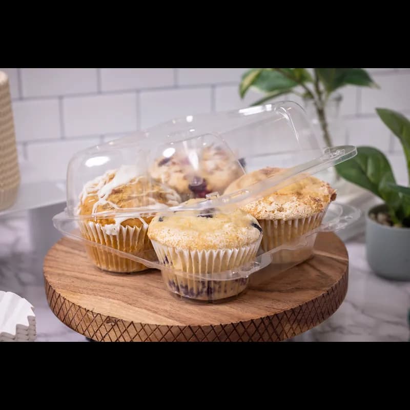 Muffin Cupcake Hinged Container Jumbo 7.5X8X3 IN 4 Compartment PET Clear 300/Case