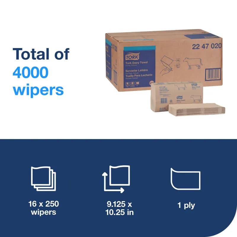 Tork Wiping & Drying Dairy Towel 10.3X9.1 IN Paper Natural Single Fold Embossed Refill 250 Count/Case
