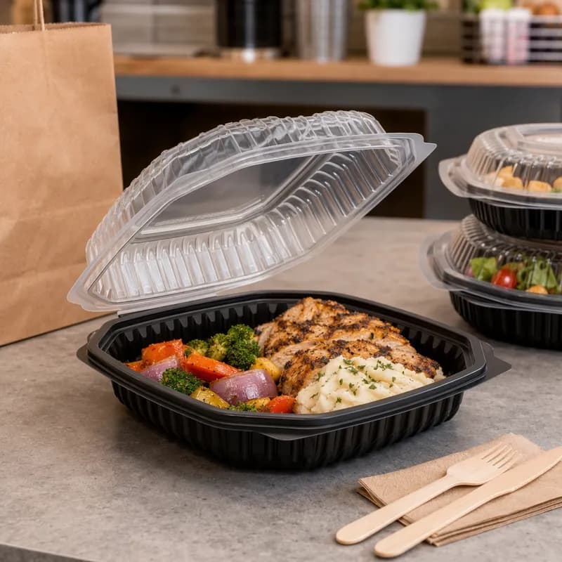 Culinary Lites Take-Out Container Hinged 10.56X9.98X3.18 IN PP Black Clear Square Tear-Away Vented Anti-Fog 120/Case