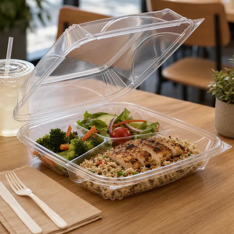 Essentials Take-Out Container Hinged 9.375X9.375X3 IN 3 Compartment RPET Clear Square 100/Case