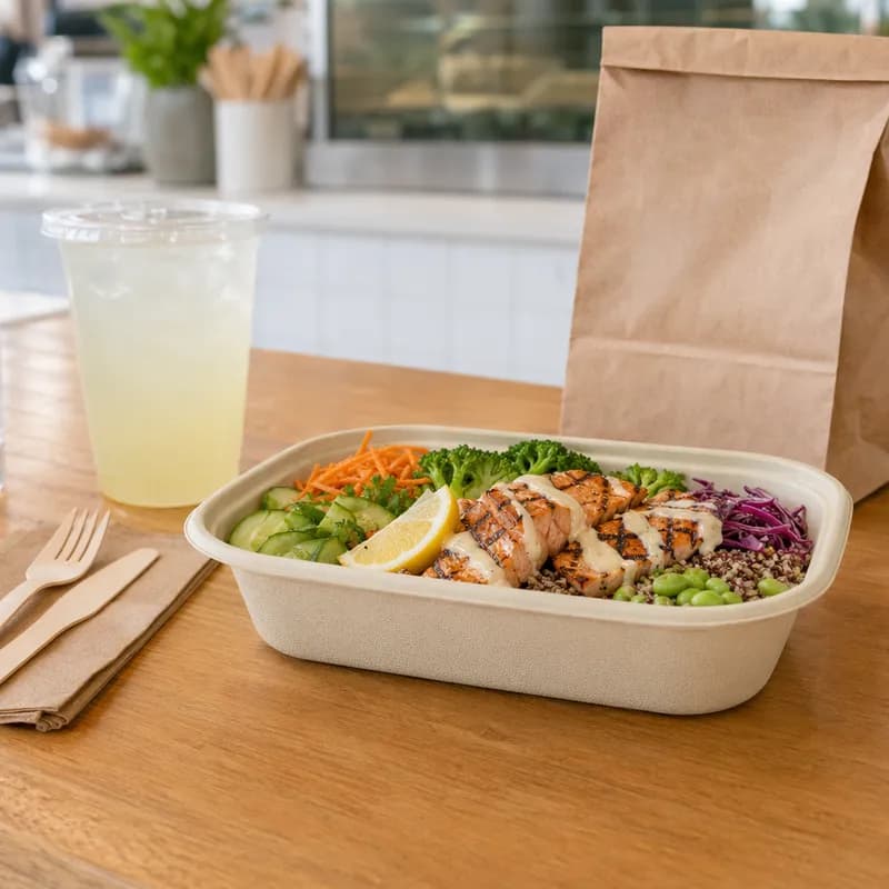 Take-Out Container Base 8.7X6.7X2.1 IN Pulp Fiber Kraft Rectangle Laminated 400/Case