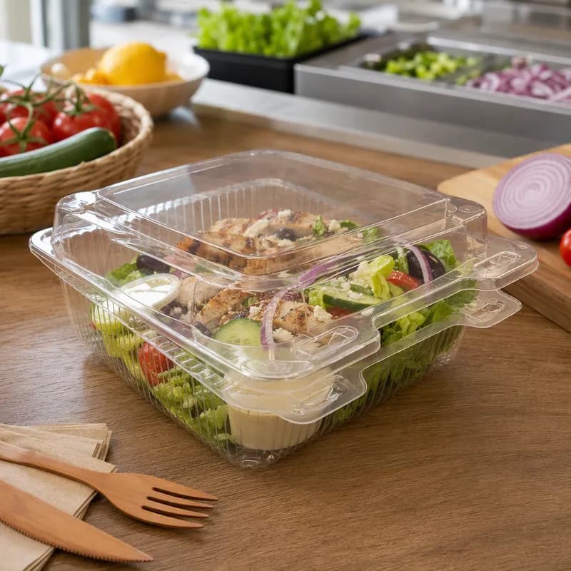 Salad Take-Out Container Hinged With Dome Lid 9.063X8.625X3.375 IN OPS Clear Rectangle 250/Case