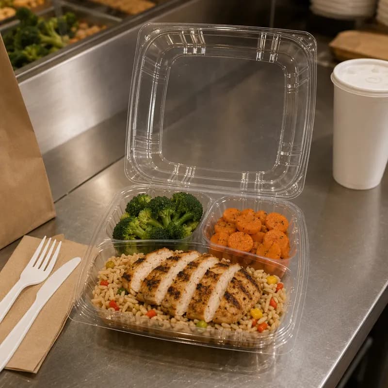 Take-Out Container Hinged 9X9 IN 3 Compartment PET 200/Case