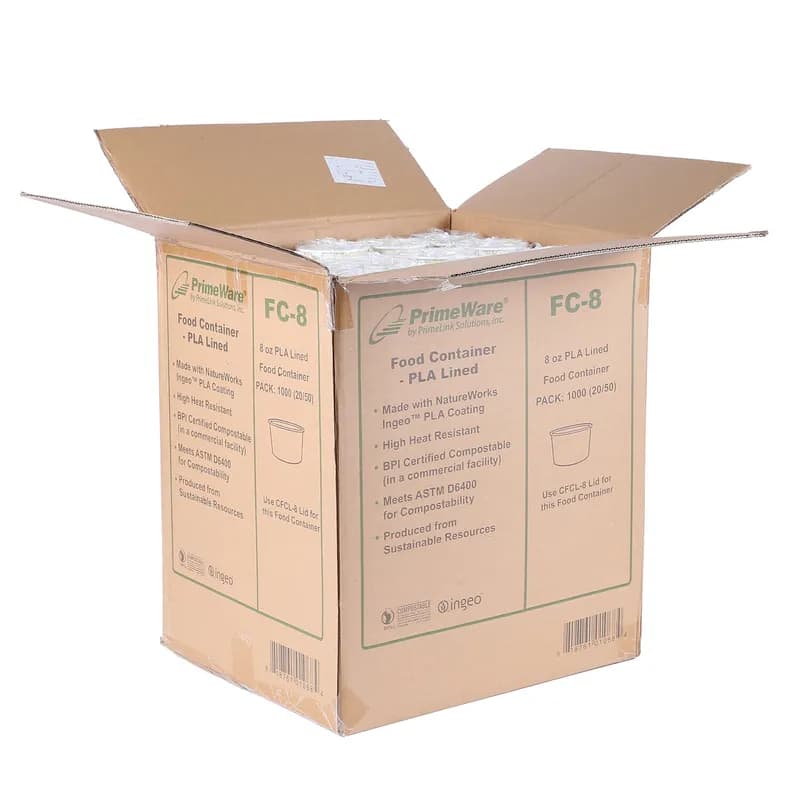 PrimeWare® Food Container 8 OZ Paperboard White PLA-Lined Freezer Safe 50 Count/Pack 20 Packs/Case 1000 Count/Case