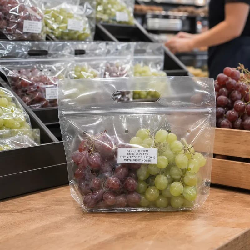 Grapes Bag 9.5X7.25X3.25 IN BOPP CPP 2.4MIL Clear With Zip Seal Closure Punched Hole Stand Up Gusset Vented 1000/Case