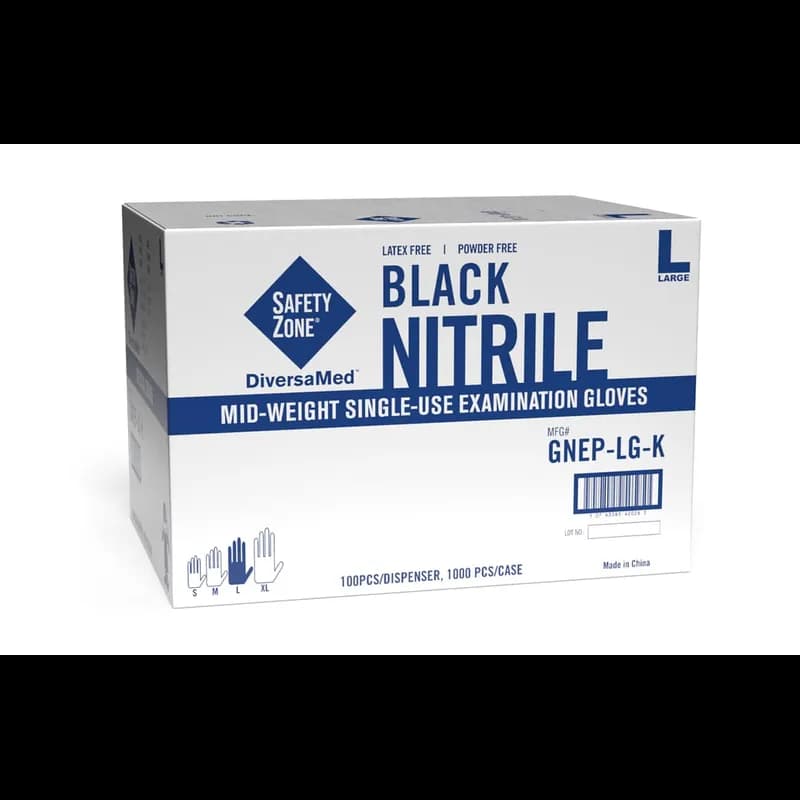 Safety Zone® Examination Gloves Small (SM) Black Mid-Weight Nitrile Powder-Free 100 Count/Box 10 Box/Case