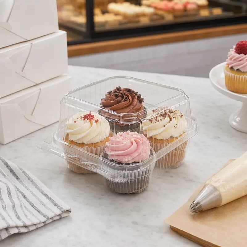 Cupcake Hinged Container 4 CT 6.13X6.75X3.38 IN RPET PLA Bio-Polyethylene Terephthalate (BIO-PET) Clear Tall 350/Case