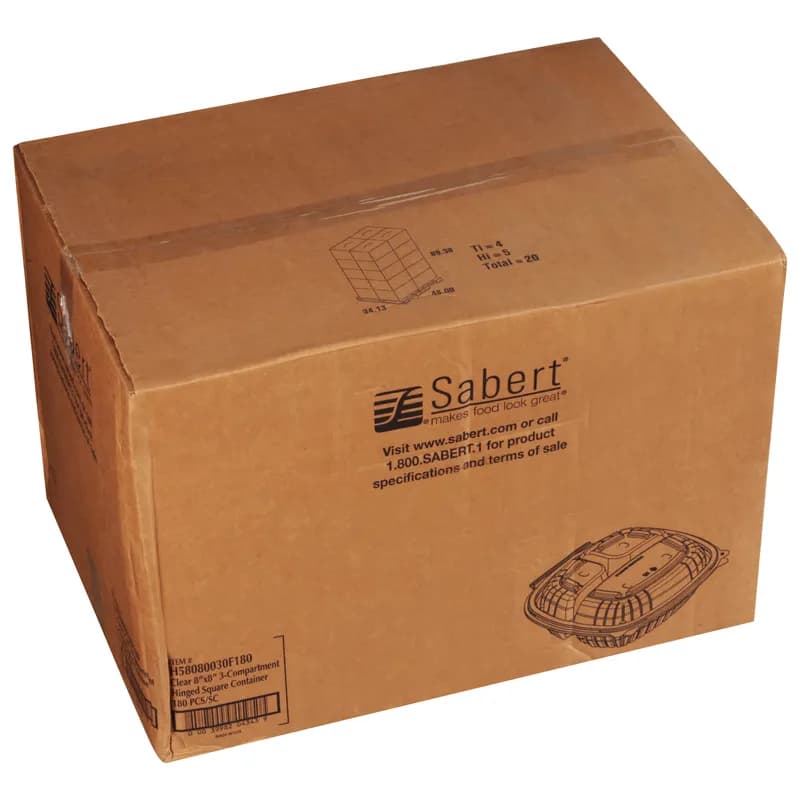 Take-Out Container Hinged 8X8 IN 3 Compartment Clear Square 180/Case