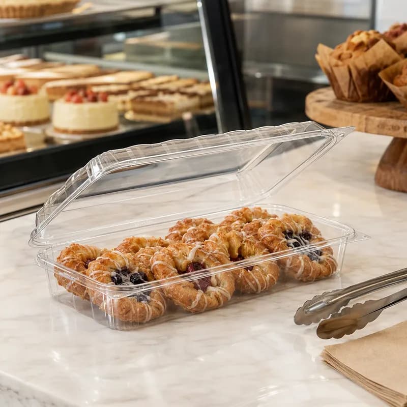 Essentials Danish Dessert Container Hinged With Dome Lid 90 OZ RPET Clear Rectangle 132/Case