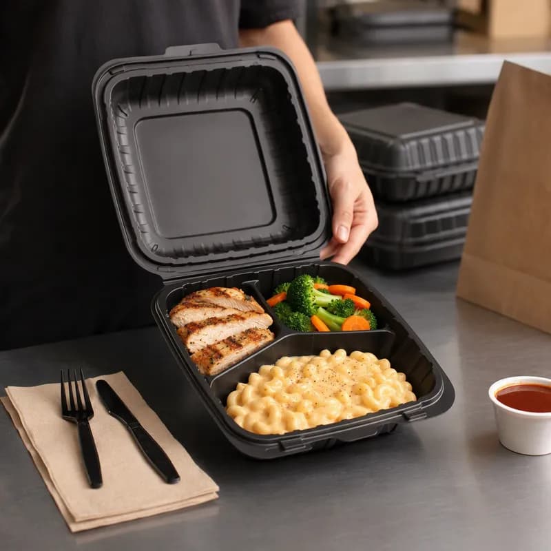 Victoria Bay Take-Out Container Hinged 8X8X3 IN 3 Compartment MFPP Black Square Vented 200/Case
